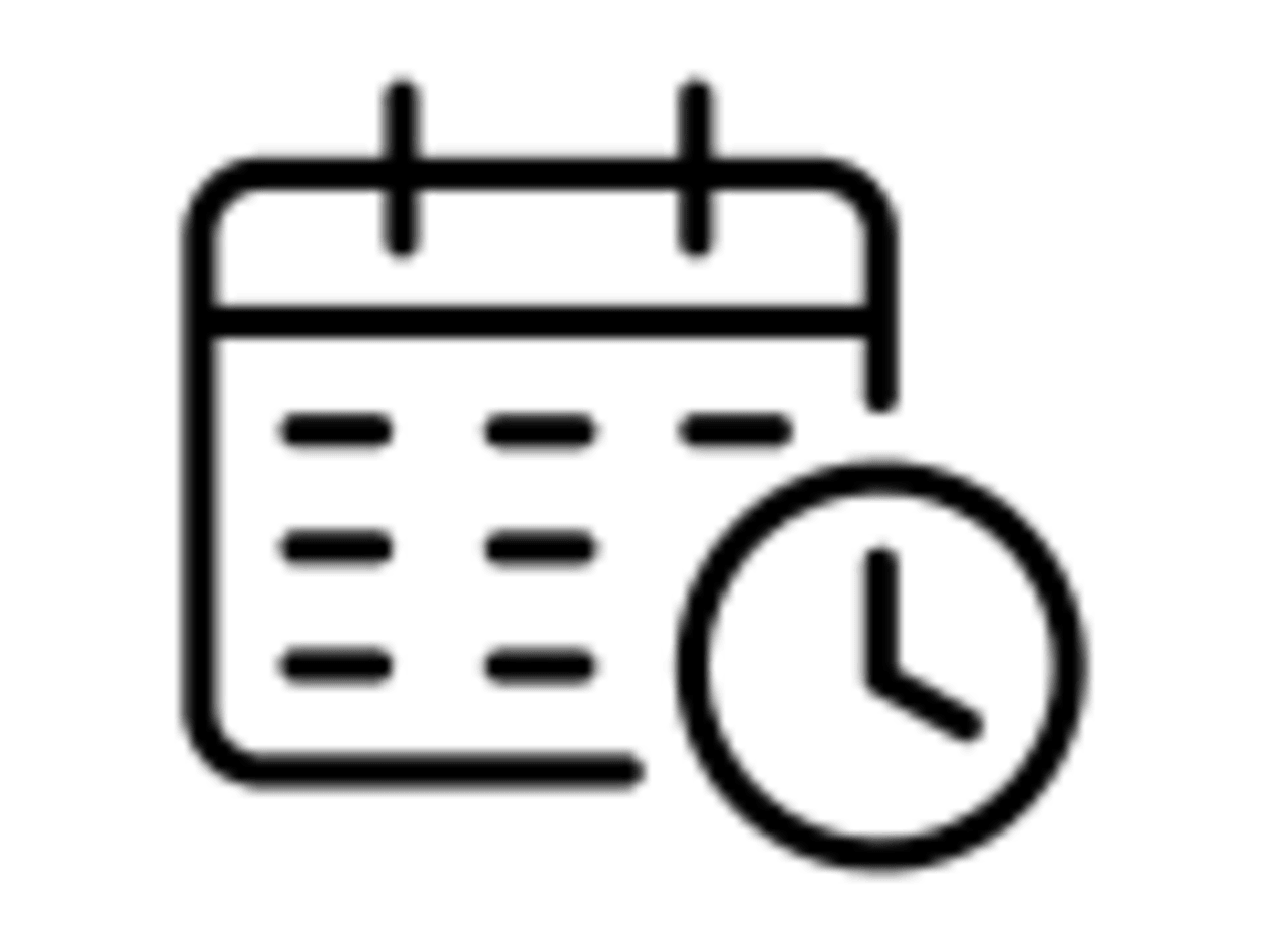 Black and white outlined icon of a calendar and clock to represent a Booking Times Servicing, MOT and Repairs