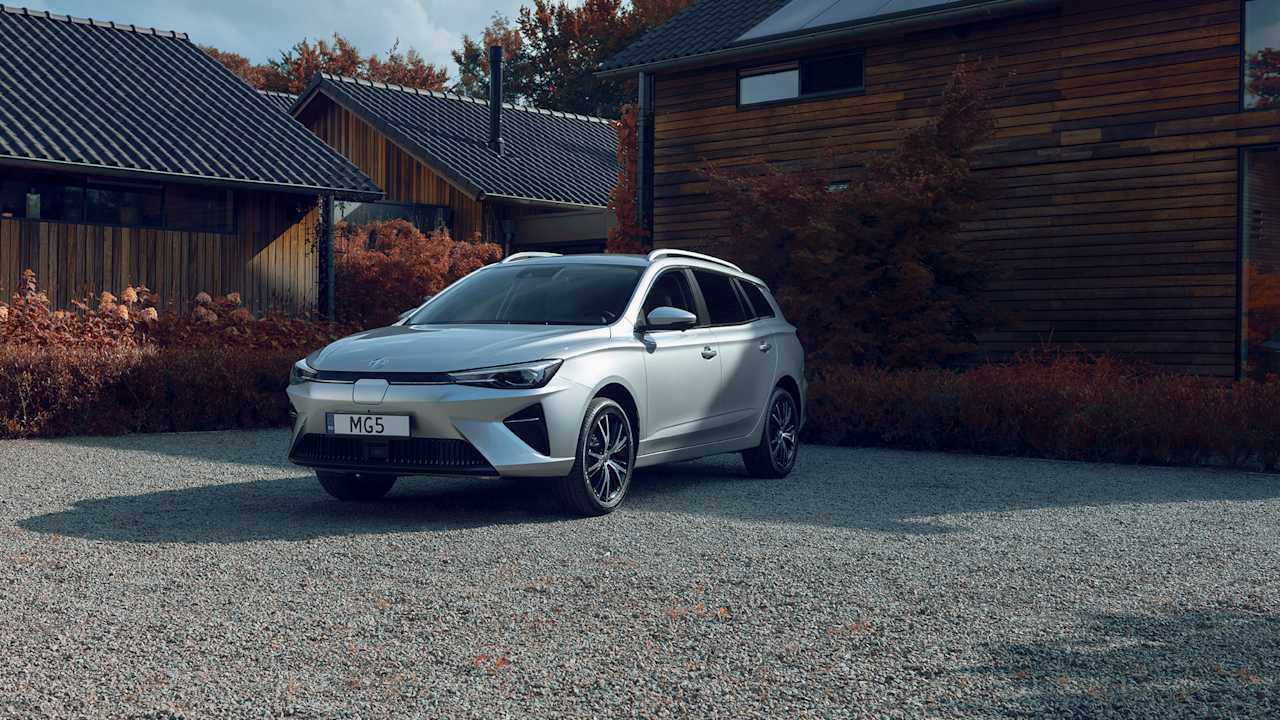 MG5 Electric Sportwagon in front of a house
