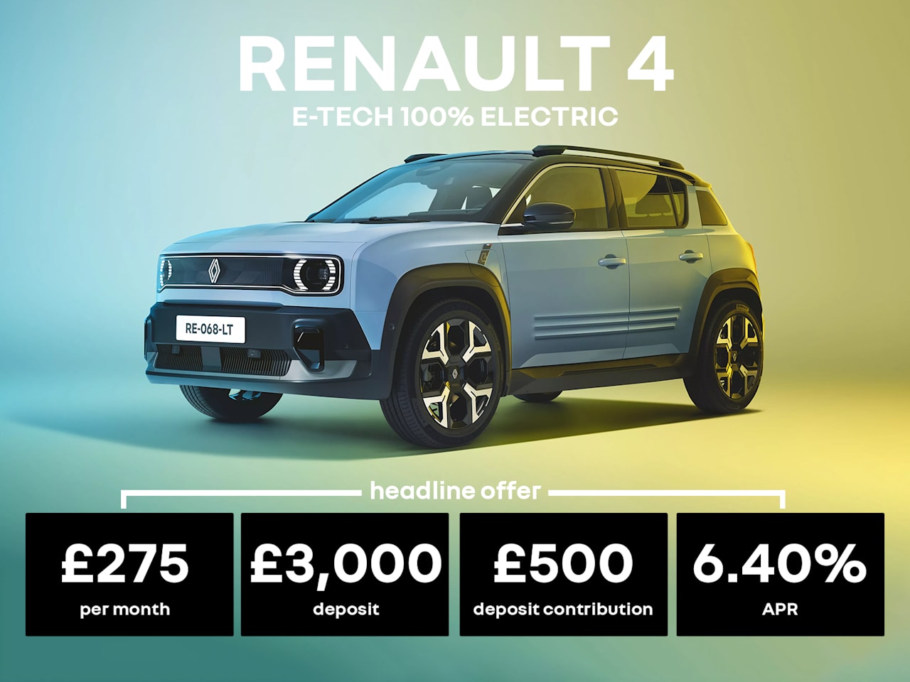 Low Payment PCP: Renault 4 E-Tech Electric Evolution 52kWh - £275 Per Month