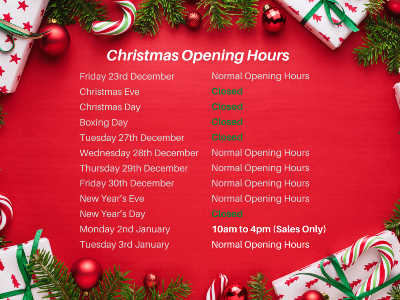 Christmas Opening Hours
