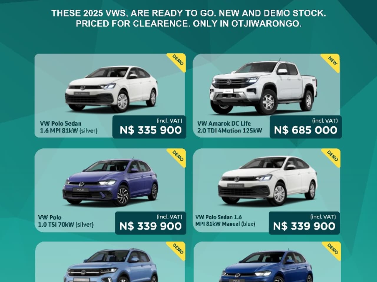 VW OTJIWARONGO CLEARANCE 