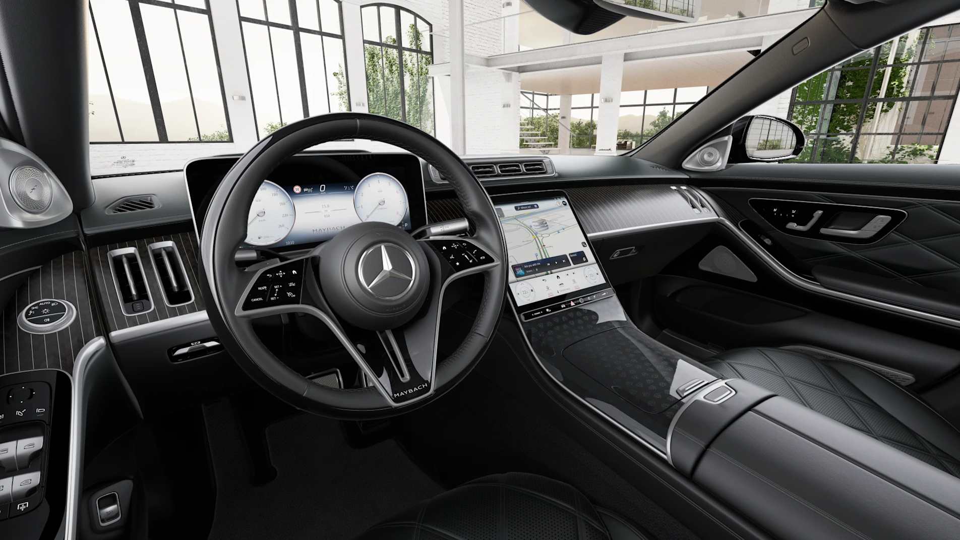 Mercedes-Maybach S-Class Night Series interior with black leather seats and portrait touchscreen