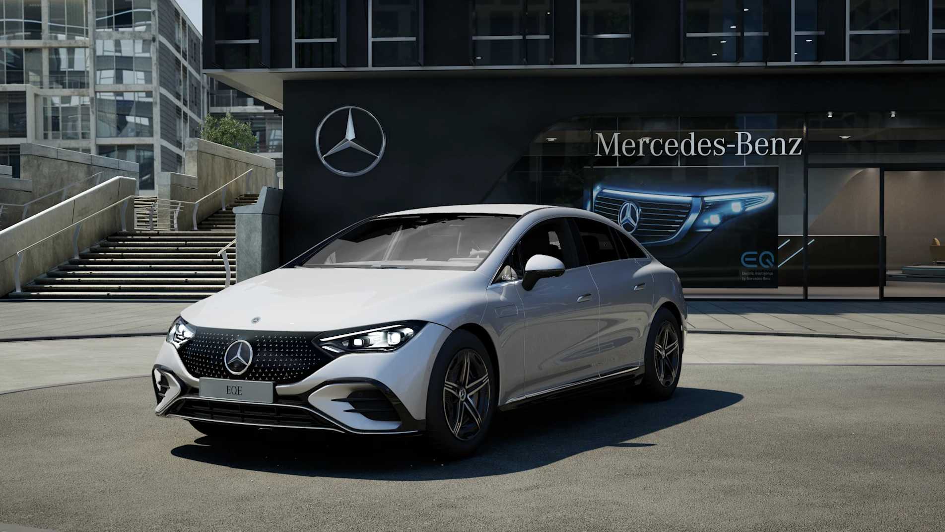 White Mercedes-AMG EQE sedan parked outside a Mercedes-Benz dealership