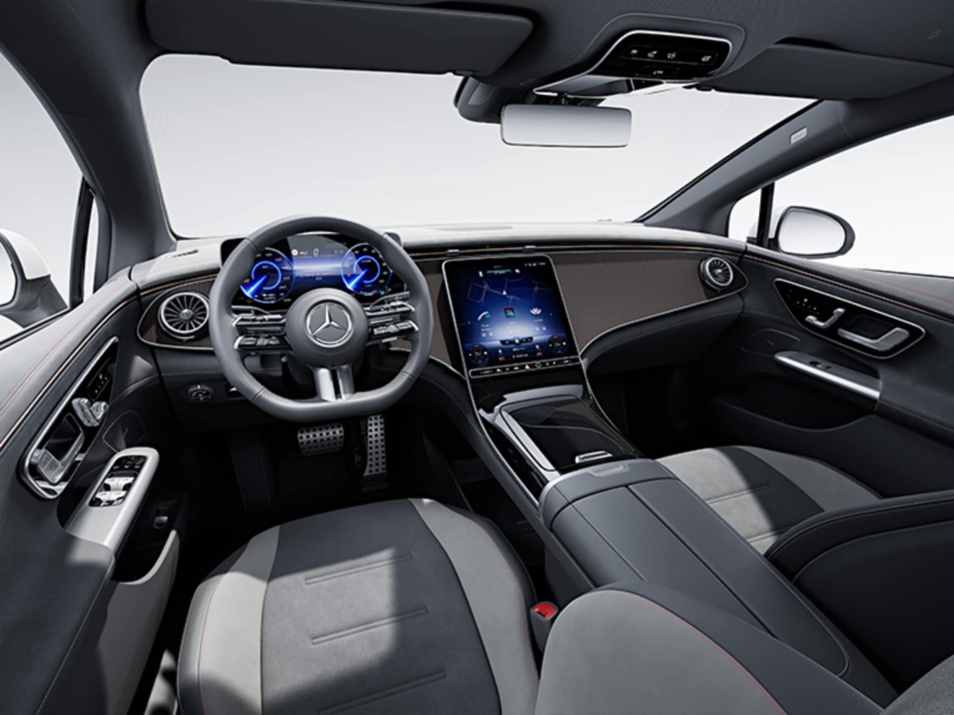 Mercedes-AMG EQE cabin in AMG Line equipment line, with grey sport seats and dashboard