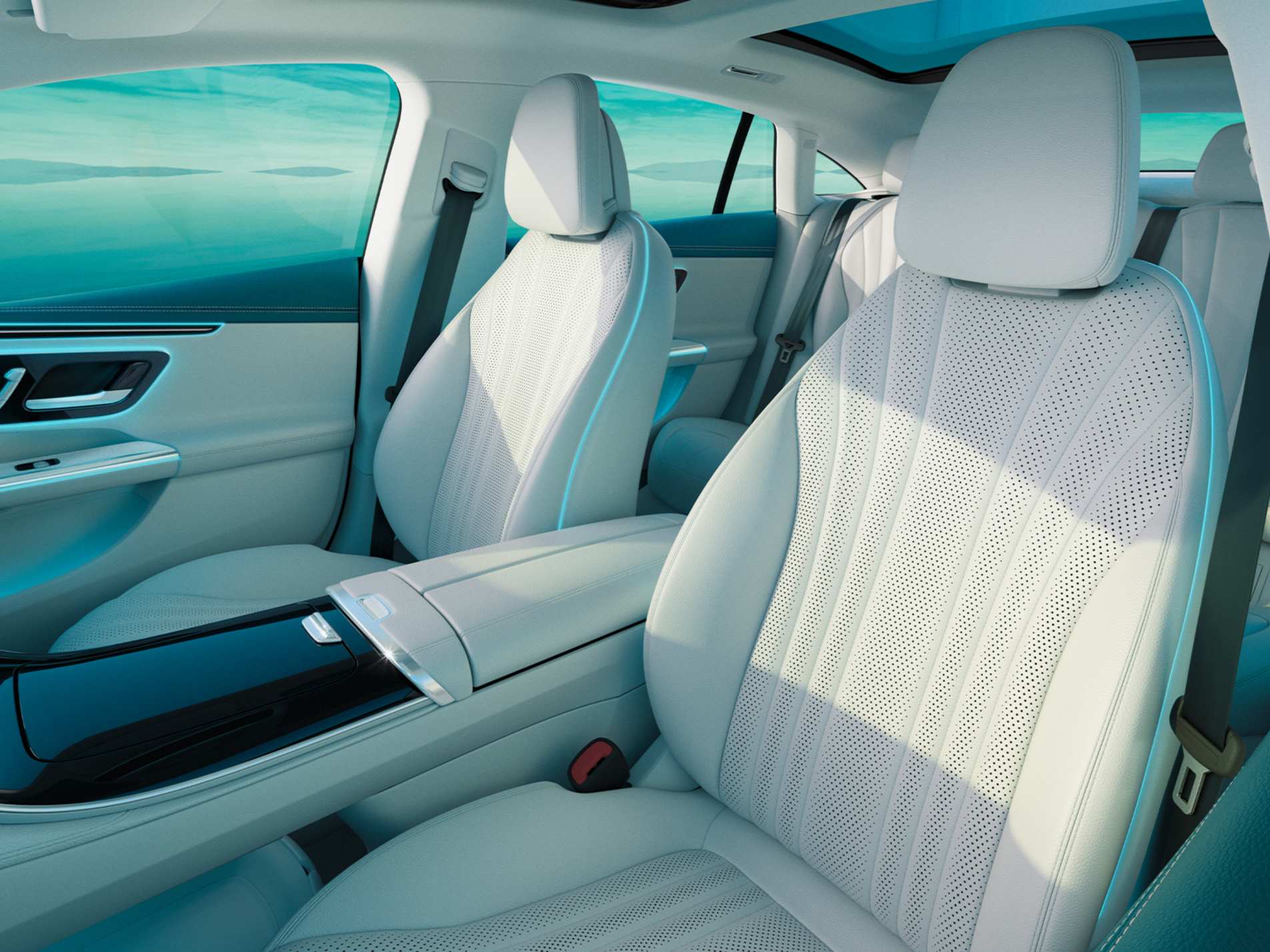 Mercedes-EQE cabin with white multicontour front seats and a panoramic sunroof overhead