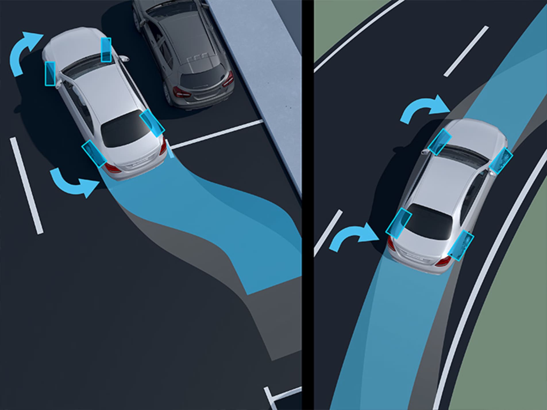 Illustration of two cars manoeuvring into parking spaces with parking assist