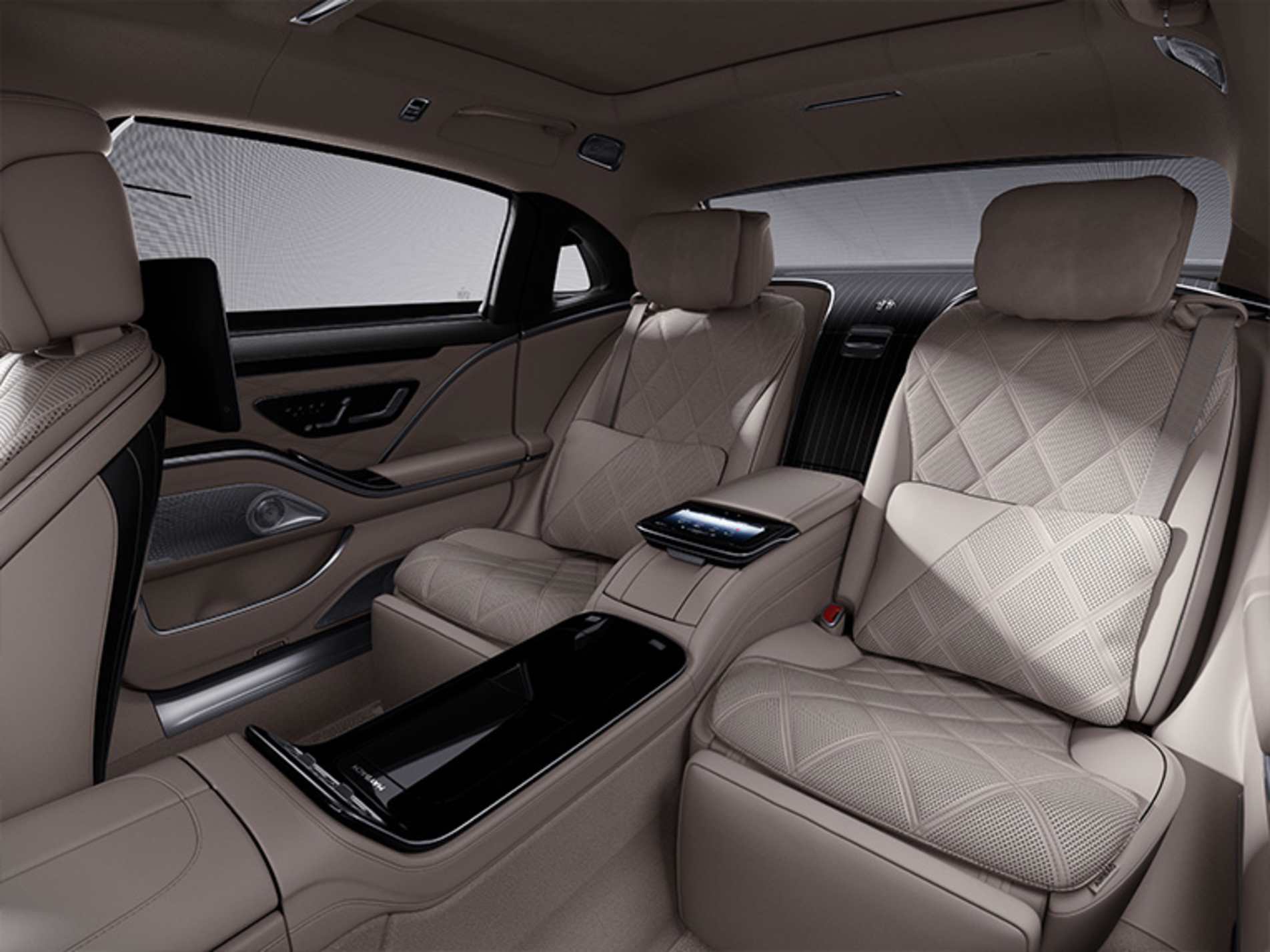 Mercedes-Maybach rear seats in cream quilted leather with a centre console