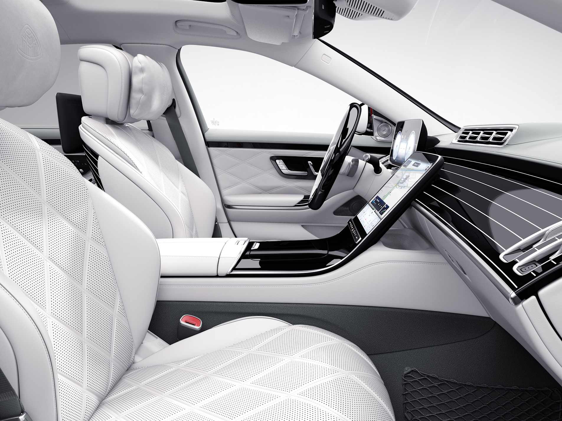 Mercedes-Benz S-Class front seat in grey quilted leather with a wide dashboard