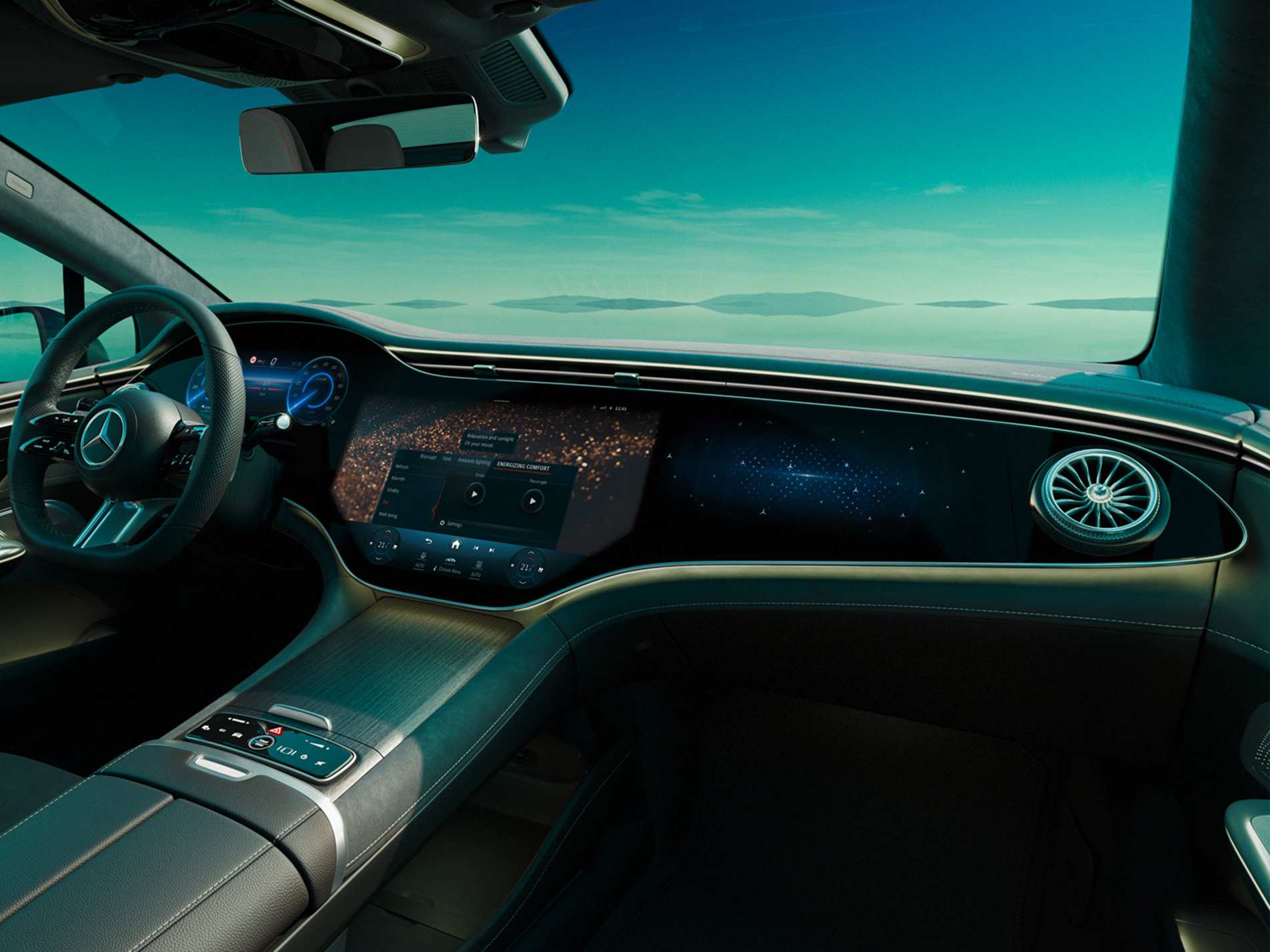 Mercedes-EQE cockpit showing the MBUX Hyperscreen spanning the dashboard from driver to passenger side