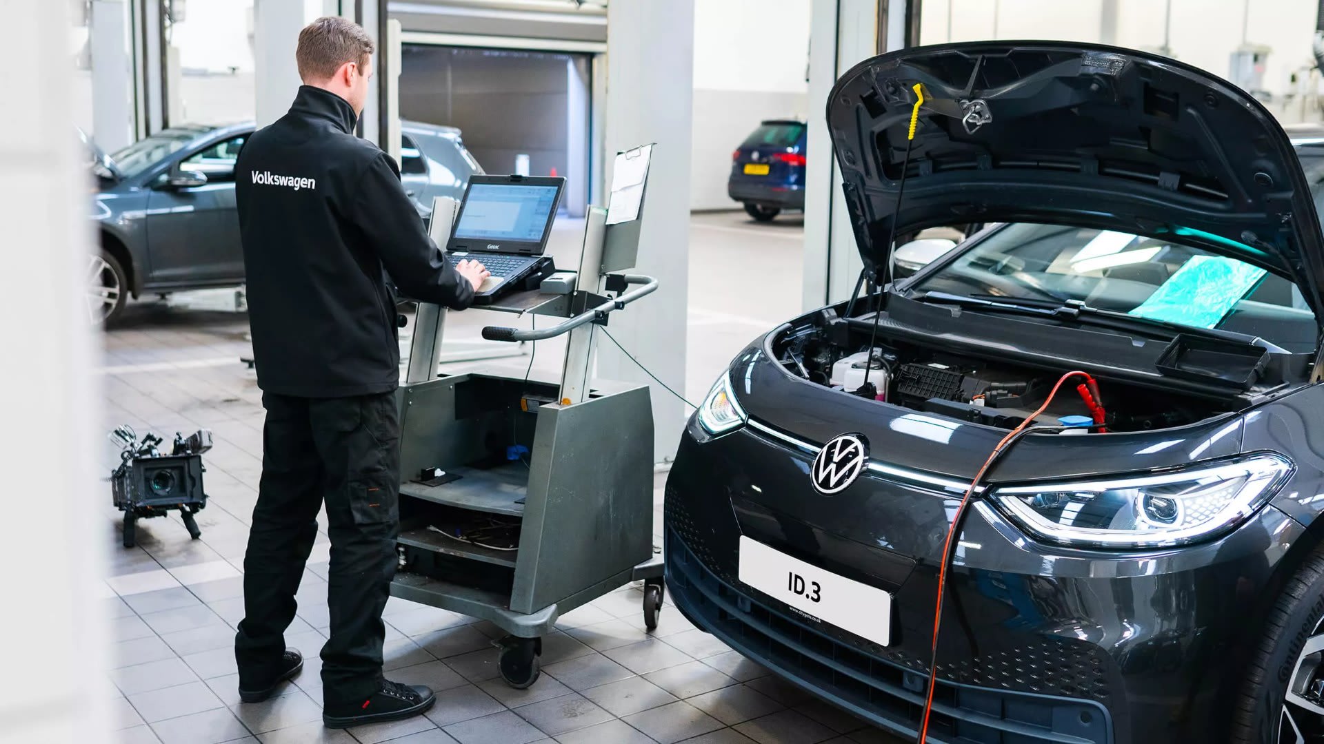 Volkswagen ID.3 being serviced by a Volkswagen technician – electric car servicing at Camerons Volkswagen, Perth