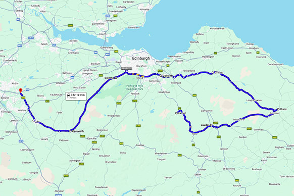 Map showing a route returning to Newhouse, Scotland, with highlighted roads and nearby towns.
