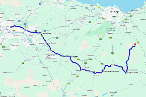 Map showing a route starting from Glasgow to various locations, including notable landmarks and towns.