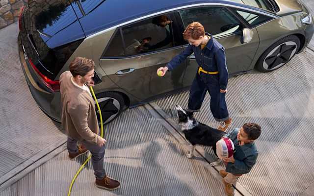 Aerial view of an olive green Volkswagen ID.3 plugged in and charging – rapid charging advice from Camerons Volkswagen, Perth