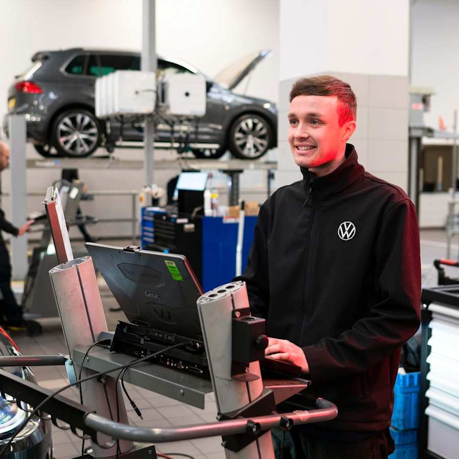 Volkswagen technician carrying out a diagnostic safety check after repair