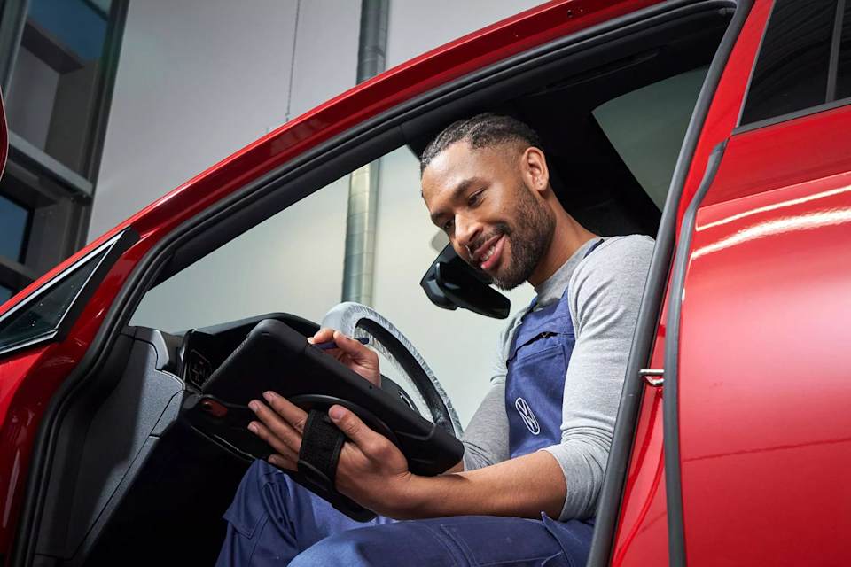 Volkswagen trained technician servicing a Volkswagen at Camerons Volkswagen, Perth