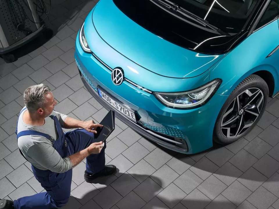 Technician checking a Volkswagen ID.3 – electric car service plans at Camerons Volkswagen, Perth